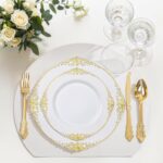 Nervure 175PCS White and Gold Plastic Plates - Disposable Dinnerware Set Include 50 Gold Plates for Dinner and Dessert, 75 Cutlery, 25Cups 25Napkins for Wedding & Party & Thanksgiving - Image 5