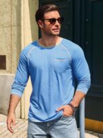 Runcati Mens Long Sleeve T-Shirt Casual Crewneck Shirts Basic Lightweight Vintage Tee Tops with Pocket - Image 3