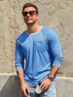 Runcati Mens Long Sleeve T-Shirt Casual Crewneck Shirts Basic Lightweight Vintage Tee Tops with Pocket - Image 4
