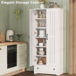 70" Tall Storage Cabinets, Large Wood Storage Pantry Cabinet with 6 Adjustable Shelves, 2 Striped Doors & Drawer, Standing Utility Cabinet for Kitchen, Bathroom, Dining Room, Antique (White) - Image 3