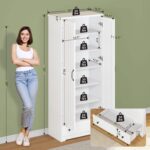 70" Tall Storage Cabinets, Large Wood Storage Pantry Cabinet with 6 Adjustable Shelves, 2 Striped Doors & Drawer, Standing Utility Cabinet for Kitchen, Bathroom, Dining Room, Antique (White) - Image 4