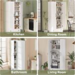 70" Tall Storage Cabinets, Large Wood Storage Pantry Cabinet with 6 Adjustable Shelves, 2 Striped Doors & Drawer, Standing Utility Cabinet for Kitchen, Bathroom, Dining Room, Antique (White) - Image 7