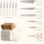 Knife Set,Astercook Kitchen Knife Set with Block 14-Piece Full Tang Stainless Steel Knives with Sharpener Dishwasher Safe and Anti-Slip Ergonomic Handle Elegant Cream White Utensils Set - Image 9