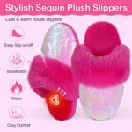 MEJORMEN Girls Fluffy Sequin Slippers Mermaid Plush Toddler Kid Slippers Faux Fur Slip-on Shoes Anti-Skid Memory Foam House Slipper - Image 5