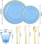 Nervure 150PCS Clear Blue Plastic Plates - Gold Party Plates - Blue and Gold Dinnerware Set Include: 50 Disposable Plate, 25Cups, 25Forks, 25Knives, 25Spoons for Wedding & Party & Hanukkah - Image 3