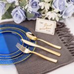 Nervure 150PCS Clear Blue Plastic Plates - Gold Party Plates - Blue and Gold Dinnerware Set Include: 50 Disposable Plate, 25Cups, 25Forks, 25Knives, 25Spoons for Wedding & Party & Hanukkah - Image 4