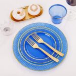 Nervure 150PCS Clear Blue Plastic Plates - Gold Party Plates - Blue and Gold Dinnerware Set Include: 50 Disposable Plate, 25Cups, 25Forks, 25Knives, 25Spoons for Wedding & Party & Hanukkah - Image 8