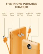 VRURC Portable Charger Built-in Cables and AC Wall Plug, USB C Power Bank 10000mAh, Travel Battery Phone Charger Compact Lightweight External Battery Pack for Smart Phones, Tablets etc-Orange - Image 4