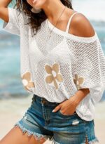 Dokotoo Womens Floral Fashion Summer Tops 2026 Short Sleeve Crochet Sweaters Swimsuit Cover Ups Lightweight Knit Pullover - Image 3