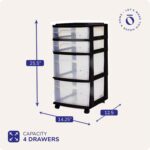 HOMZ Drawer Tower, 4-Tier Clear Plastic Storage Organizer Cart, Black Frame - Multi-Purpose Rolling Drawers with Wheels for Bedroom, Bathroom, and Office Organization - Image 4
