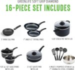 GreenLife 16 Piece Nonstick Cookware Set, Soft Grip Non-Toxic PFAS-Free Ceramic Pots & Pans, Dishwasher & Oven Safe, Frying, Sauce, Saute, Utensils, Glass Lids, Stay-Cool Handles, Wobble Free, Black - Image 4