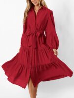 MASCOMODA Womens Dresses 2026 Fall Long Sleeve Midi Dress Casual V Neck Button Down Tiered Flowy Aline Tie Waist Shirt Dress - Image 3