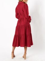 MASCOMODA Womens Dresses 2026 Fall Long Sleeve Midi Dress Casual V Neck Button Down Tiered Flowy Aline Tie Waist Shirt Dress - Image 5