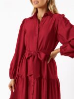 MASCOMODA Womens Dresses 2026 Fall Long Sleeve Midi Dress Casual V Neck Button Down Tiered Flowy Aline Tie Waist Shirt Dress - Image 6