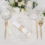 WDF 350Pcs Clear and Gold Plastic Plates - Heavy Duty Clear Plates Disposable - Gold Dinnerware Sets of 100 Plastic Plate 150Silverware 50 Cups 50 Napkins for Wedding Baby Shower Spring - Image 5