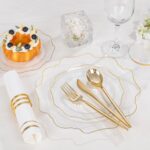 WDF 350Pcs Clear and Gold Plastic Plates - Heavy Duty Clear Plates Disposable - Gold Dinnerware Sets of 100 Plastic Plate 150Silverware 50 Cups 50 Napkins for Wedding Baby Shower Spring - Image 6