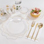 WDF 350Pcs Clear and Gold Plastic Plates - Heavy Duty Clear Plates Disposable - Gold Dinnerware Sets of 100 Plastic Plate 150Silverware 50 Cups 50 Napkins for Wedding Baby Shower Spring - Image 7