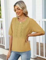 Kistore Women's Embroidered Blouses 2026 Short Sleeve Lace Trim Crew Neck Trendy Casual Tops Pullover Shirts - Image 5