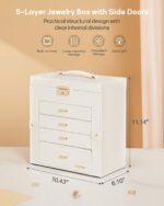 Homde Synthetic Leather Huge Jewelry Box Mirrored Watch Organizer Necklace Ring Earring Storage Lockable Gift Case (White + Gold) - Image 3