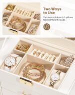 Homde Synthetic Leather Huge Jewelry Box Mirrored Watch Organizer Necklace Ring Earring Storage Lockable Gift Case (White + Gold) - Image 5