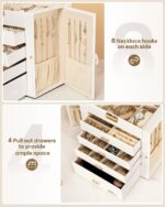 Homde Synthetic Leather Huge Jewelry Box Mirrored Watch Organizer Necklace Ring Earring Storage Lockable Gift Case (White + Gold) - Image 6