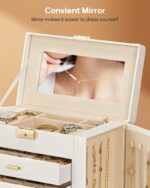 Homde Synthetic Leather Huge Jewelry Box Mirrored Watch Organizer Necklace Ring Earring Storage Lockable Gift Case (White + Gold) - Image 8