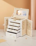 Homde Synthetic Leather Huge Jewelry Box Mirrored Watch Organizer Necklace Ring Earring Storage Lockable Gift Case (White + Gold) - Image 9