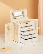 Homde Synthetic Leather Huge Jewelry Box Mirrored Watch Organizer Necklace Ring Earring Storage Lockable Gift Case (White + Gold) - Image 10