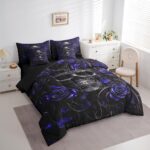 Erosebridal Sugar Skull 7 Pcs Comforter Set Twin,Navy Blue Rose Floral Bedding Set for Kids Boys Girls Teens Adults,Gothic Skeleton Bed in a Bag,Exothic Hippie Horror Bed Sets with Sheet Set - Image 4
