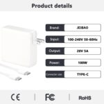 JEIBAO 100W USB C Fast Charger Compatible with Mac Book Pro 16/15/14/13 Inch, Mac Book Air 13 Inch, iPad Pro 2021/2020/2019/2018 Power Adapter for All USB-C Laptops and Phones - Image 3