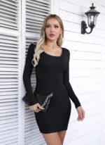 Valiamcep Womens Summer Dresses Square Neck Short Sleeve Ribbed Knit Slim Fitted Basic Bodycon Mini Pencil Dress - Image 5