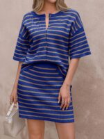 Saodimallsu Womens Two Piece Skirt Set Summer Striped Knit Short Sleeve Button Cardigans And Mini Skirt Lounge Set - Image 5