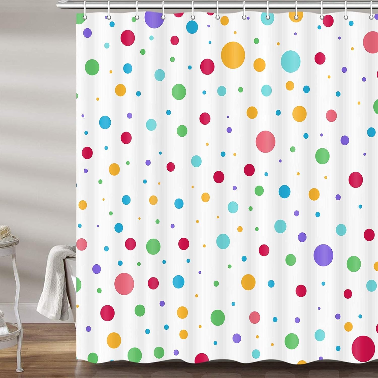 DYNH Kids Rainbow Shower Curtain for Bathroom, Colorful Geometric Cute Polka Dot Fabric Shower Curtains Set, White Modern Restroom Decor Accessories with Hooks (72X75) - Image 3