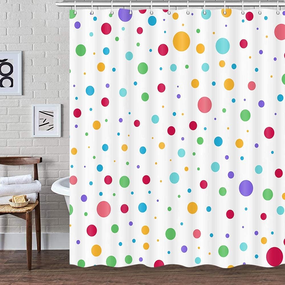 DYNH Kids Rainbow Shower Curtain for Bathroom, Colorful Geometric Cute Polka Dot Fabric Shower Curtains Set, White Modern Restroom Decor Accessories with Hooks (72X75) - Image 4