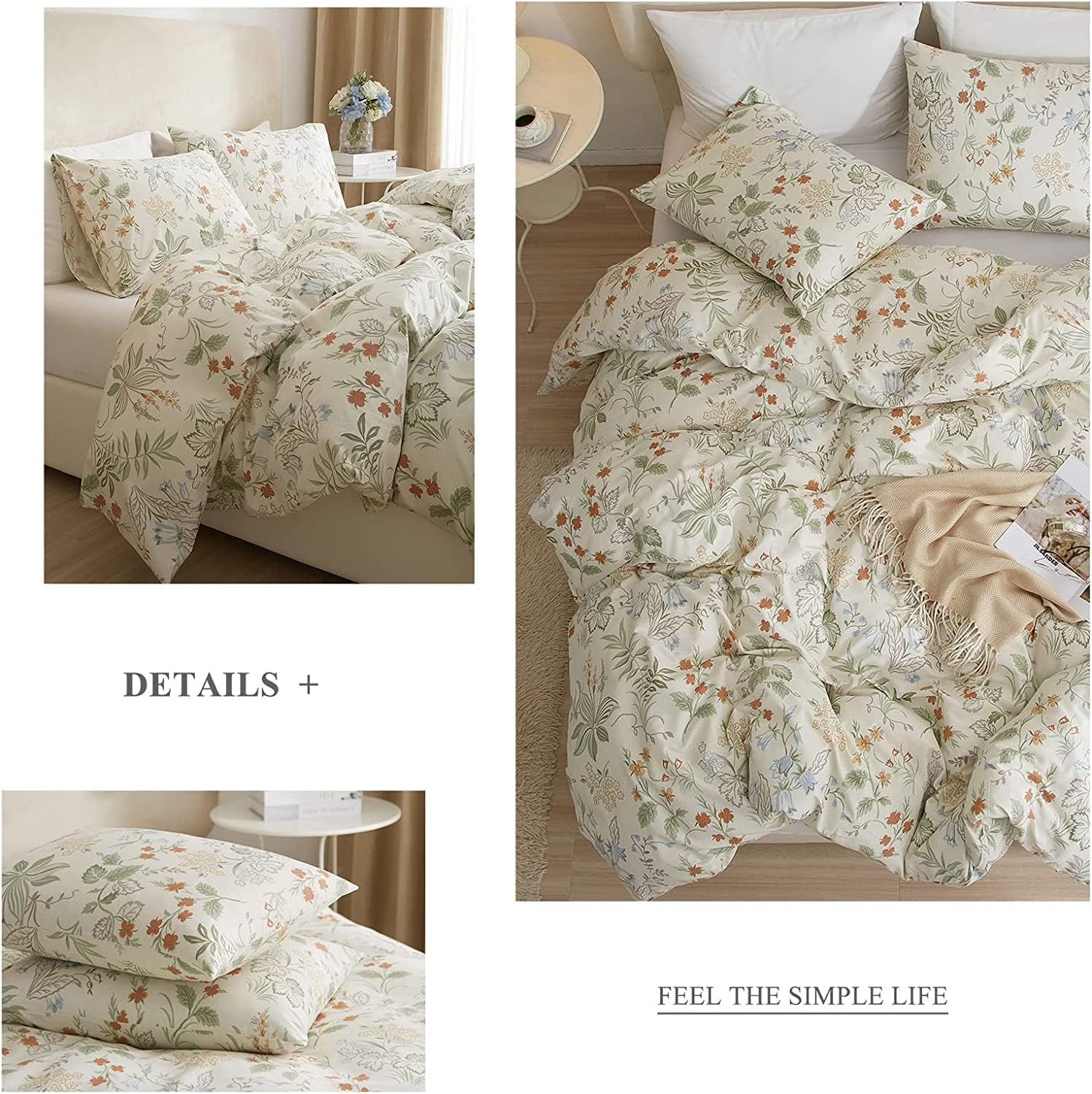 AMWAN Fresh Botanical Floral Duvet Cover Full Size Cotton Garden Bedding Sets Chic Vintage Comforter Aesthetic Flower Boho with Zipper - Image 4