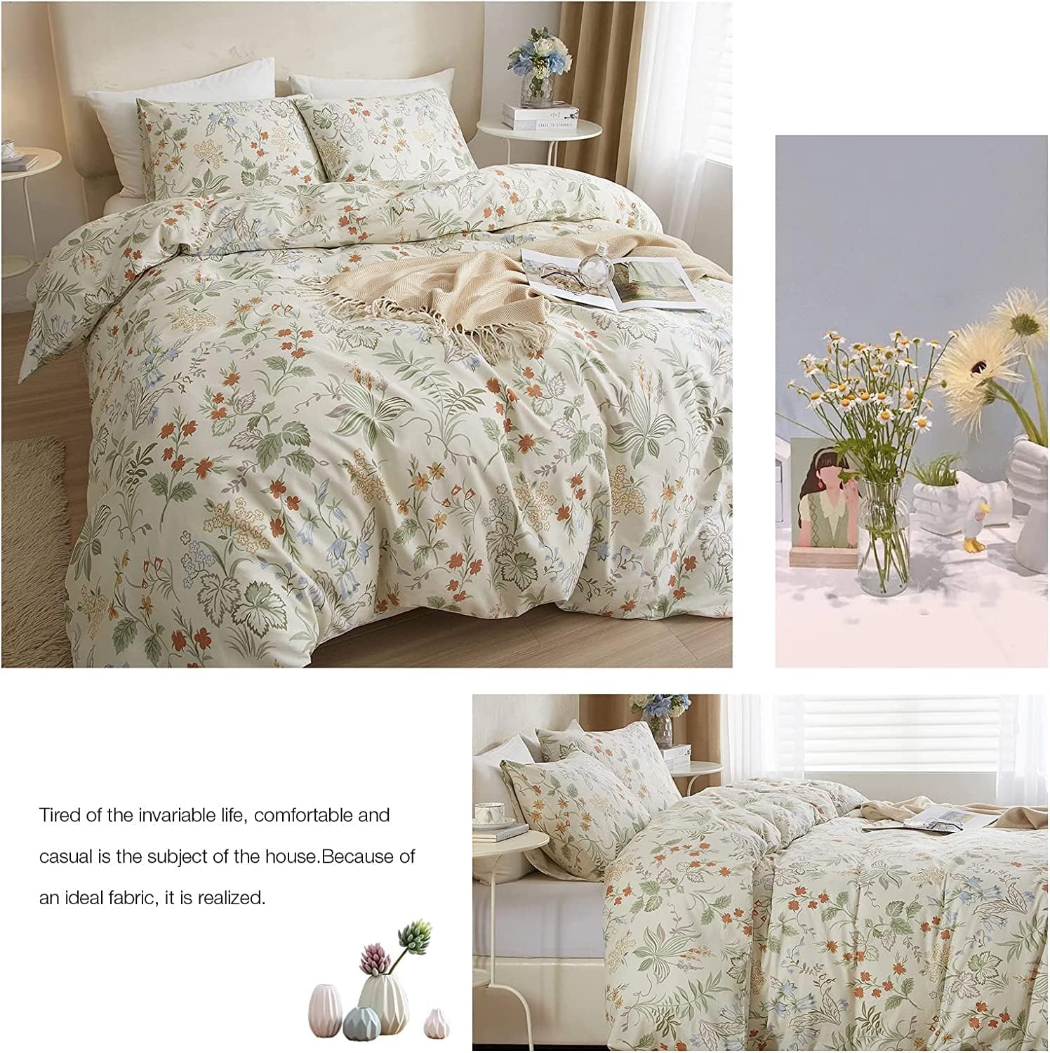AMWAN Fresh Botanical Floral Duvet Cover Full Size Cotton Garden Bedding Sets Chic Vintage Comforter Aesthetic Flower Boho with Zipper - Image 10