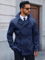 Runcati Mens Trench Coat Double Breasted Notched Lapel Jacket Casual Belted Windbreaker Overcoat - Image 3