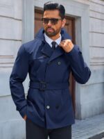Runcati Mens Trench Coat Double Breasted Notched Lapel Jacket Casual Belted Windbreaker Overcoat - Image 5