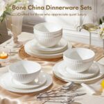 KINGSTONE Bone China Dinnerware Set, 12-Piece White Lightweight Porcelain for 4, Plates and Bowls with Rhombus patterned edge design, Microwave and Dishwasher Safe, for Family, Restaurant, Gifting - Image 5
