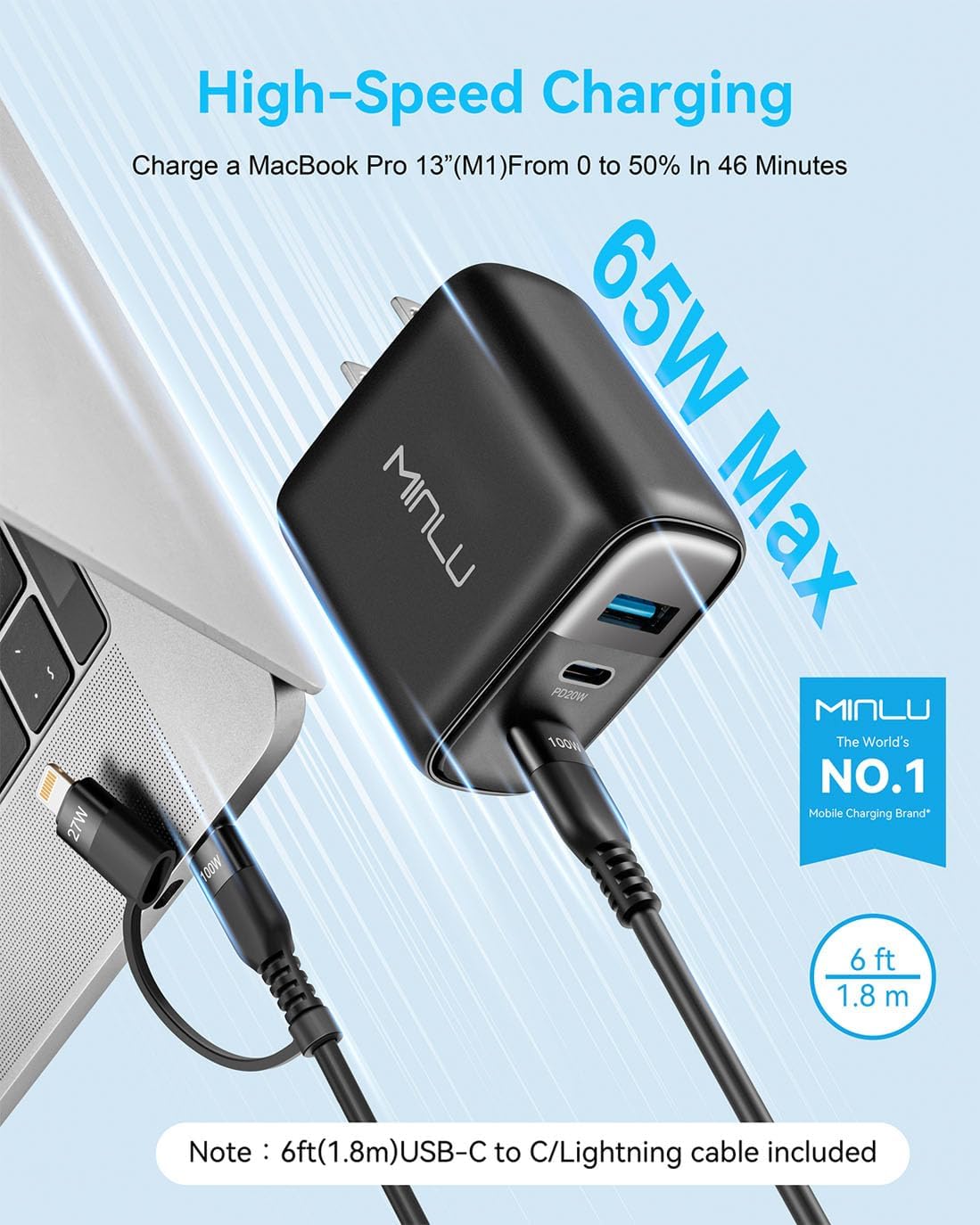 MINLU 65W USB C Charger Block,GaN 3-Port Compact Fast PPS Type C Wall Charger with 6Ft 100W 2 in 1 USB-C/L Cable,Fast Charging for MacBook Pro/Air,iPad,iPhone 17/16/15 and More Series,Galaxy S24 UItra - Image 3