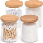4 Pack Glass Qtip Holder Dispenser Set - Apothecary Jars with Lids for Vanity Makeup Organizer - Bathroom Canister Storage Organizer for Cotton Ball,Swab,Round Pads,Floss - Image 2