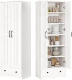 70" Tall Storage Cabinets, Large Wood Storage Pantry Cabinet with 6 Adjustable Shelves, 2 Striped Doors & Drawer, Standing Utility Cabinet for Kitchen, Bathroom, Dining Room, Antique (White) - Image 2