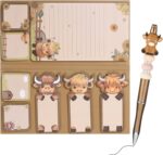 9 Pieces Lovely Highland Cow Sticky Notes,with 1 Pieces Beadable Pens,for Birthday Christmas Gift School Office Party Favors (Sticky Notes with Pen(White)) - Image 2