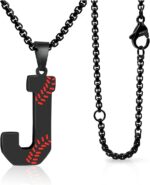 Baseball Initial Necklace for Men A-Z Letter Necklaces Chain Stainless Steel Pendant 22 Inch Personalized Gifts for Women Coach Player Baseball Lovers (J, Black) - Image 2