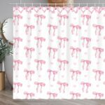 Bow Shower Curtain, Coquette Handcrafted Bow Tie Bath Curtains for Master Bathroom Modern Aesthetic Cloth Shower Curtain Set with Hooks 72 x 72 Inch - Image 2