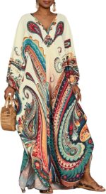 Bsubseach Kaftan Dresses for Women Ethnic Print Plus Size Beach Cover Ups Batwing Sleeve Caftans with Pockets - Image 2