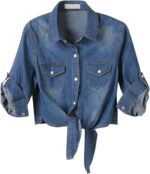 Century Star Women's 3/4 Sleeve Denim Shirt Chambray Crop Top Jean Tie Cardigan Front Knot - Image 2
