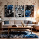 Cheetah Canvas Wall Art Blue Rose Paintings Wall Decor,Black and White Grey Leopard Print Framed Wall Art for Living Room,African Animals Flowers Canvas Artwork Paintings 3 Piece Pictures Wall Decor - Image 2