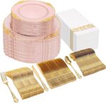 Ciaell 300PCS Pink and Gold Plastic Plates - Pink Disposable Dinnerware Sets for 50 Guests - 100 Plates, 50 Knives, 50 Forks, 50 Spoons, and 50 Napkins for Wedding, Party & Easter - Image 2