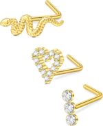 D.Bella 16G 18G 20G 22G L Shaped Nose Studs Surgical Steel 1.5mm 2mm 2.5mm 3mm Clear Colorful Diamond CZ Nose Rings Studs Nose Rings for Women Nose Nostril Piercing Jewerly Silver Gold Rose Gold Black - Image 2